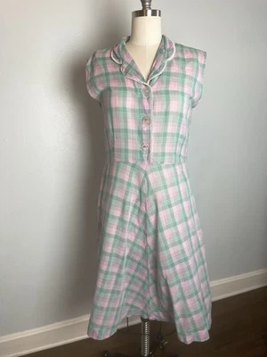Purply Pink and Turquoise Plaid Cotton 50s 1950s Dress Large L - Image 1 of 4