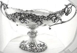 ANTIQUE STERLING SILVER CENTERPIECE HANDMADE FLORAL ORNATE FRUIT BOWL - Picture 1 of 8