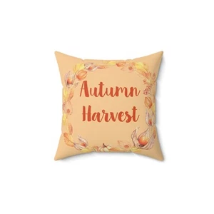 Autumn Harvest Pillow, Fall Decor Square Cushion, Acorns Leaves Pumpkins Orange, - Picture 1 of 7