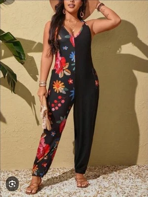 NWT Multicolor Floral & Black Racerback Jumpsuit 1X - Image 1 of 4