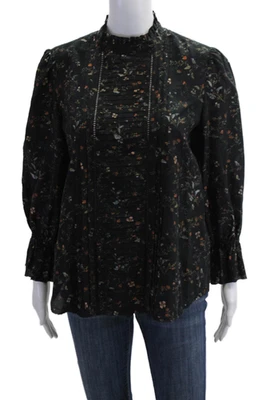 Go шелк женщин туника блузка черный цветочный птица кнопка длинным рукавом размер S - Изображение 1 из 4