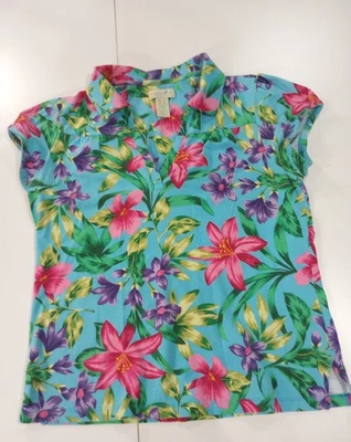 Caribbean Joe Top Womens M Blue Pink Tropical Floral T-Shirt Short Sleeve V Neck - Image 1 of 4