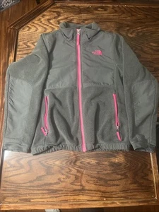 North Face Denali Jacket Girls M Medium 10 12 Full Zip Pocket Fleece Grey Pink - Picture 1 of 4