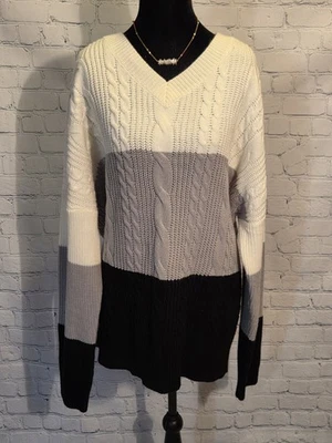 Suéter tejido con cable acrílico para mujer bloque de color negro marfil gris 3XL Foto 1 de 4