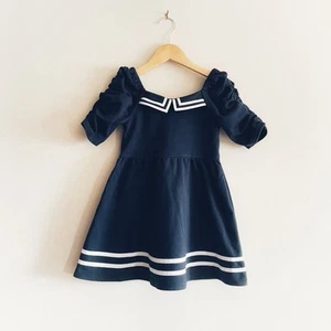 Janie and Jack Ruched Sleeve Ponte Dress Navy Sailor Nautical, Girls 4 - Picture 1 of 7