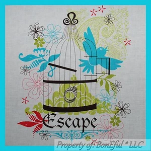 BonEful Fabric FQ Cotton Quilt VTG Block Square Flower Bird Cage Pink Green Leaf - Picture 1 of 6