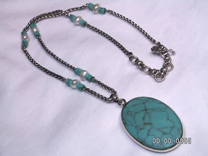 ...LUCKY BRAND...Silver Tone,Cultured Pearls,Faux Turquoise Pendant Necklace... - Picture 1 of 5