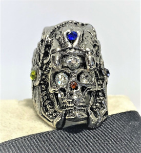 BIKERS MENS LARGE STAINLESS STEEL SKULL MULTI COLORED CRYSTAL RING SIZE 15