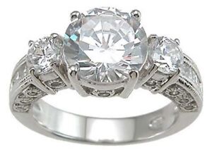 3.8 CARAT .925 STERLING SILVER ROUND CUT 3 STONE CUBIC ZIRCONIA ENGAGEMENT RING 
