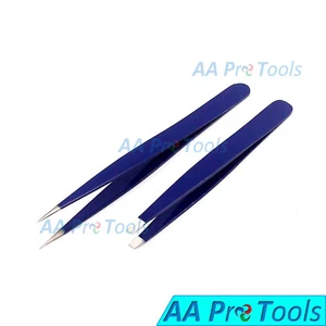 Professional Beauty Eyebrow Tweezers Slanted & Pointed Tips Hair Remover Blue - Picture 1 of 3