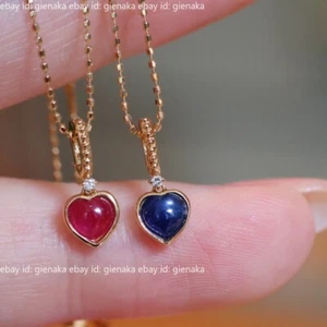 Solid 18K Gold Natural Ruby/Sapphire Diamond Love Heart Pendant Beads Necklace - Picture 1 of 11