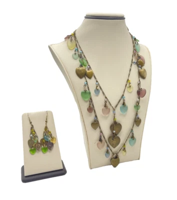 Collar Multilink Azul, Amarillo, Rosa Corazón Cuentas Bronce con Pendientes a Juego Foto 1 de 4
