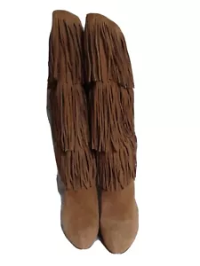 Mojo Moxy - Camel Brown Suede Fringe Platform High Heel Boots Size 7M Burlesque - Picture 1 of 11