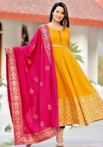Yellow Anarkali Long Kurta Kurti Flared Frok Elegant Women Dress Partywear Suits - Picture 1 of 4