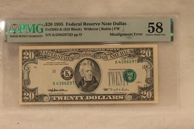 RARE $20 1995 FEDERAL RESERVE NOTE DALLAS PMG58 "MISALIGNMENT ERROR" - Image 1 of 2