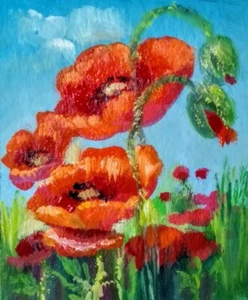 Poppies Flowers bouquet modern oil painting by the artist 11х9cm 4,5х3,5" - Picture 1 of 1