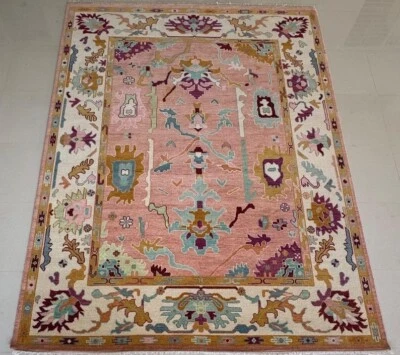 Pink-Cream Indo Oushak Contemporary HandKnotted Turkish Rug to decor living area - Image 1 of 4