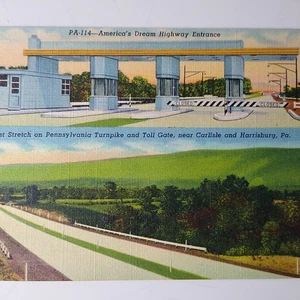 Cartolina in lino Pennsylvania Turnpike Toll Gate vicino a Carlisle & Harrisburg anni '40 - Foto 1 di 3