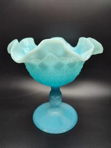 Vintage Fenton Baby Blue Glass Diamond Cut Pedestal Compote Ruffled Edge 6"x6" - Picture 1 of 11