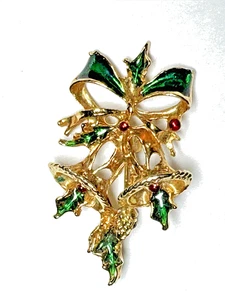 Brosche Anstecknadel Weihnachten goldfarben Emaille Hänger Glocke Stechpalme Blätter Gerry's Vintage - Bild 1 von 10