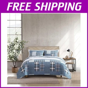 Cotton King Quilt Set with Plaid Reversible Design - Picture 1 of 12