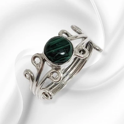 Solid 925 Sterling Silver Women Ring With Authentic Malachite Gemstone/Gift Box  - Image 1 of 4