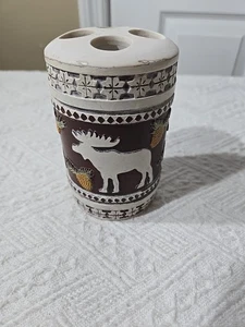 Wilderness Rustic Toothbrush Holder Moose Pinecones Cabin Lodge Decor Bathroom  - Picture 1 of 4