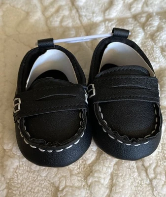 Baby Boy Shoes Size Newborn Faux Leather Black Loafers Soft Sole - Image 1 of 4