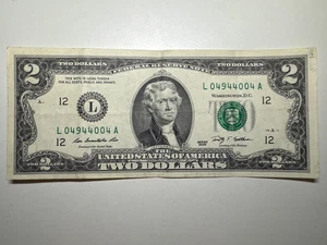 Rare $2 Dollar Bill Banknote Series 2009 Fancy Serial Number Trinary 04944004 - Picture 1 of 3