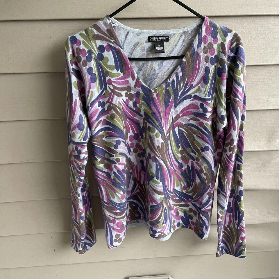 Suéter Floral De Colección Y2k Daniel Bishop 100% Cachemira Pastel Talla M Cuello en V Lujo Foto 1 de 4