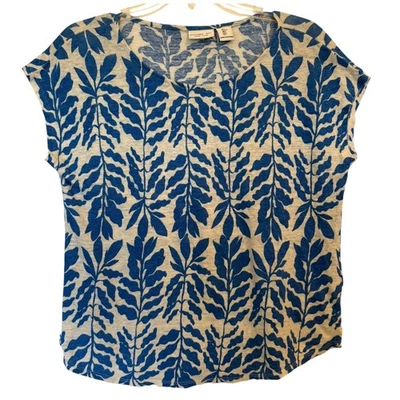 Camiseta para mujer Rachel Zoe 100 % lino grande con estampado de hojas azules y blancas Foto 1 de 4