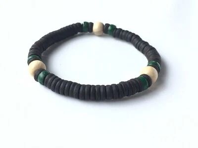 Surfer Bracelet Men Black Green Beads Vintage New Gift Wooden Free Shipping - Image 1 of 4