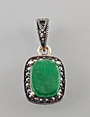 9923262 925er Argento Jade-Anhänger Verde Marcasite Vintage 1,2x2,5cm - Immagine 1 di 3