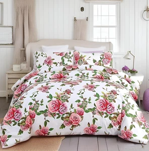 Romantic Roses Floral Duvet Cover Set - Lovely Spring Garden Pink W/Pillow Cases - Picture 1 of 8