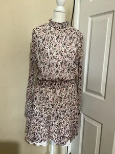 Allsaints Pink Floral Long Sleeve Smock Waist Mini Dress L - Picture 1 of 7