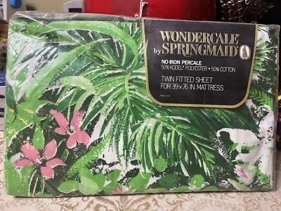 1970’s VTG Springmaid Wondercale Twin Fitted Sheet “Rain Forest” Pattern Rare! - Image 1 of 4