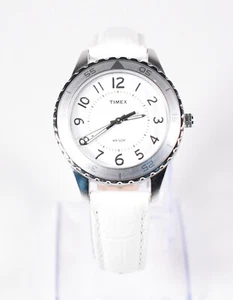 Timex Women's Analog Watch Silver Tone White Leather Band 30M 35mm #C015 - Picture 1 of 17