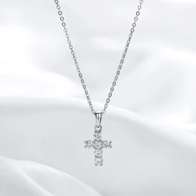 3mm D VVS1 Moissanite Cross Pendant Necklace 925 Sterling Silver 18k Gold Plated - Image 1 of 4