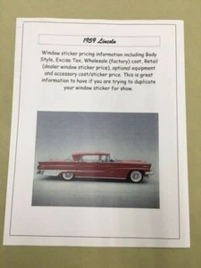 1959 Lincoln dealer cost/window list sticker price for car/options & codes--'59 - Picture 1 of 1