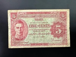 Malaya 5 Cents 1941 Variety B Banknote - Picture 1 of 4