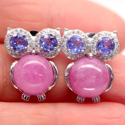 Heizbar 10 Mm. Pink Rubin,Tansanit & Cubic Zirkonia Ohrringe 925 Sterlingsilber - Bild 1 von 4