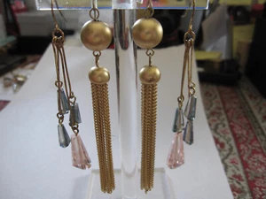Lot of 2 pair Vintage Long Dangling Chain & Crystal Drop Pierced Earrings - Picture 1 of 6