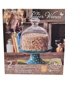 Pioneer Woman Ceramic Cake Stand & Glass Cover Dots & Floral In Box Unused - Picture 1 of 10