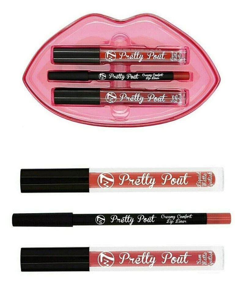 W7 Pretty Pout Deep Berry Lip Set de regalo ~Lápiz labial líquido, delineador y lápiz labial - Nuevo Foto 1 de 1