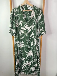 Veronika Maine Sheath Dress Women 16 Green White Floral Midi Short Sleeve V-Neck - Picture 1 of 14