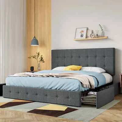 King Queen Platform Storage Bed Frame with 4 Drawers and Adjustable Headboard - Image 1 of 4