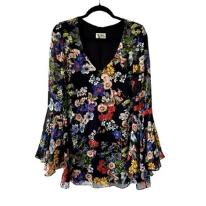 SHOW ME YOUR MUMU Black Floral Barry Bell Sleeve Chiffon Dress Womens M - Picture 1 of 7