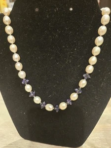 Zoe B 14k Pearl And Blue SAPPHIRE necklace 22in Vtge - Picture 1 of 8