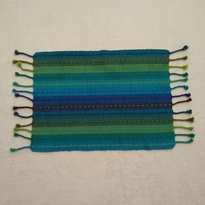 Handwoven Cotton Colorful Rainbow Striped Placemats Tied Fringe Set Of 8 Blues - Imagem 1 de 4