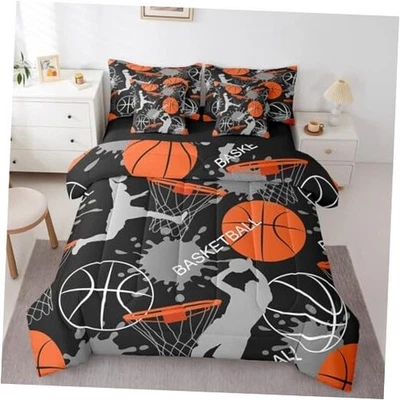  Juego de edredón de baloncesto 7 piezas para niños, cama deportiva en una bolsa completa negra gris Foto 1 de 4
